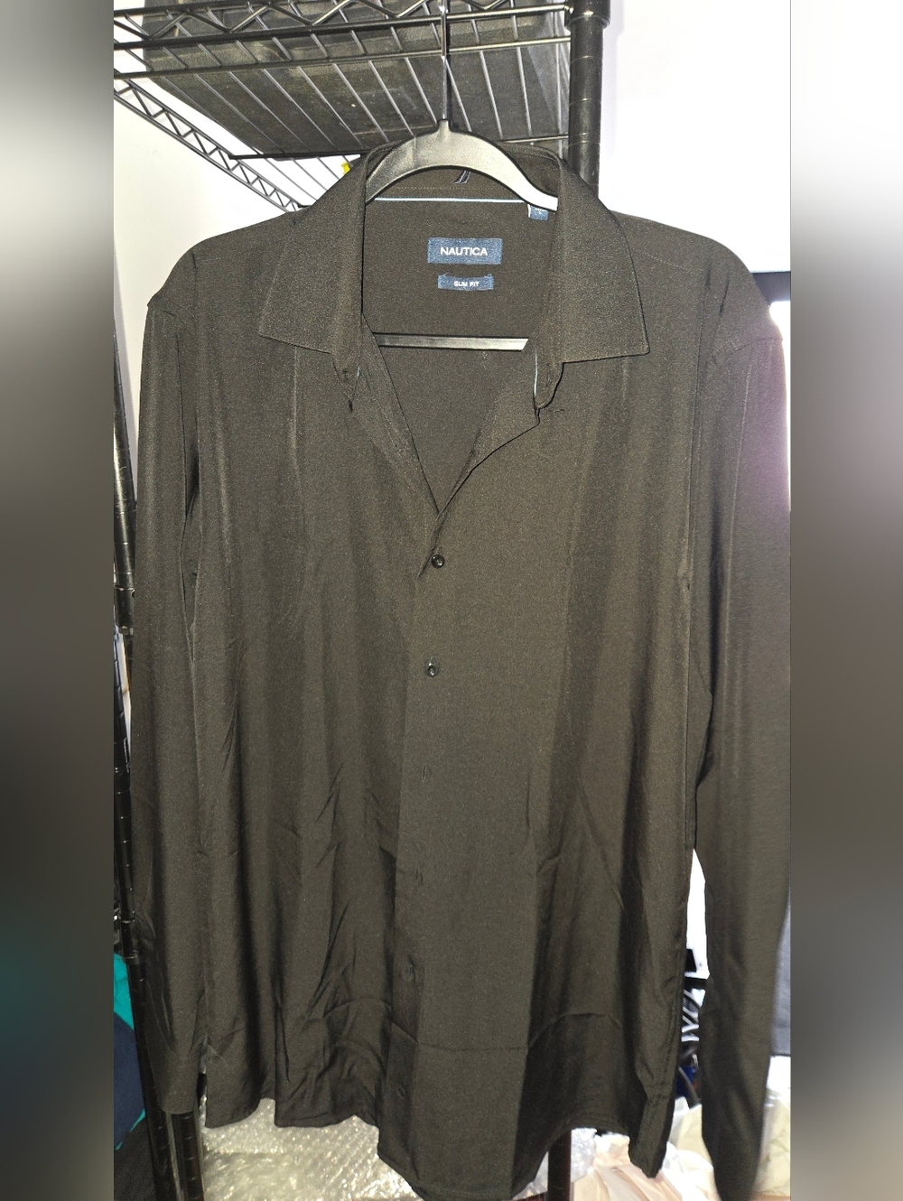 Men's Nautica Black Slim Fit Button-Up Dress Shirt 16-16 1/2 Black